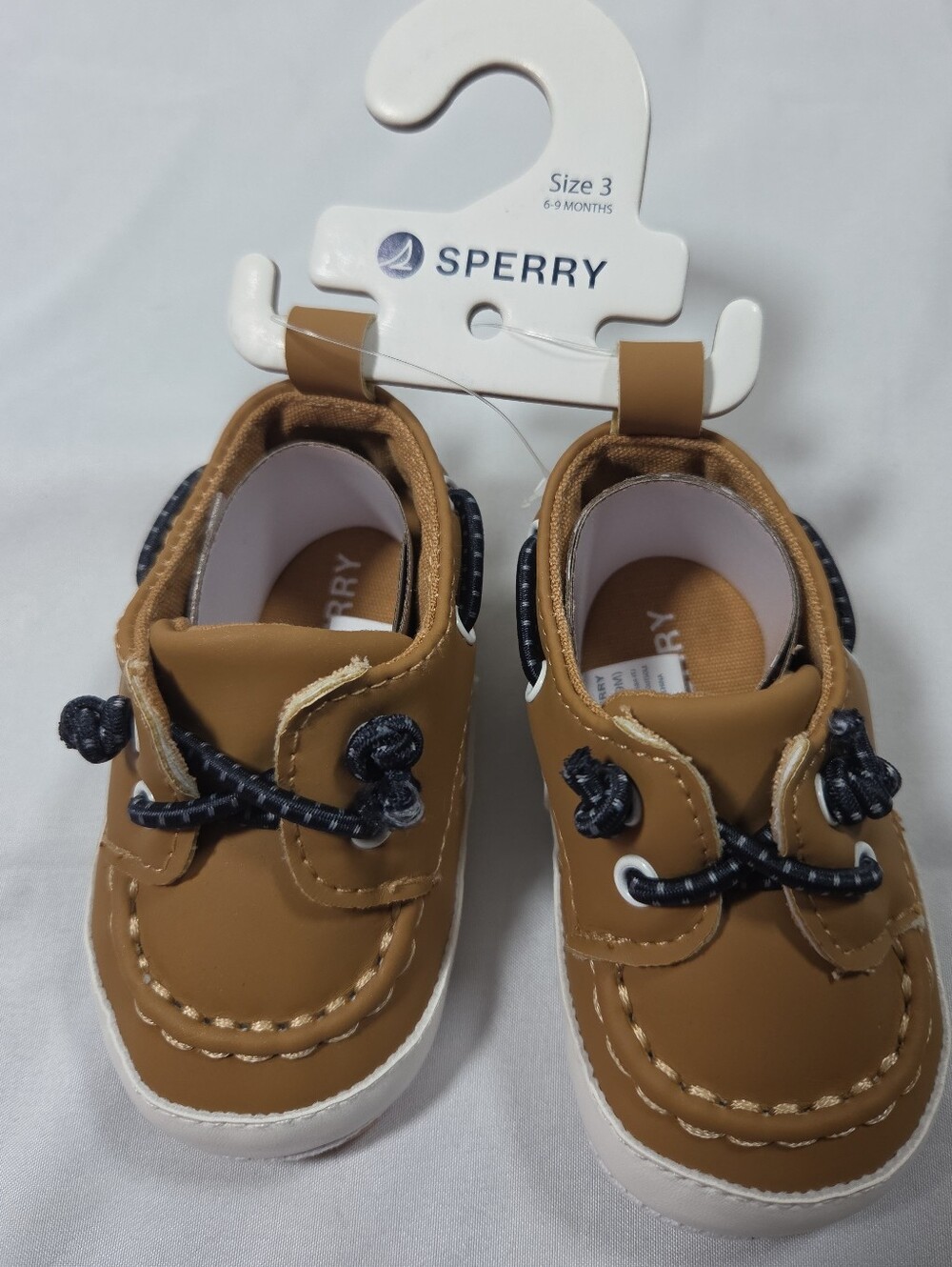 NWT SPERRY Top Sider Infant Size 3 Boat Shoe Lace-Up Tan W/Navy Laces